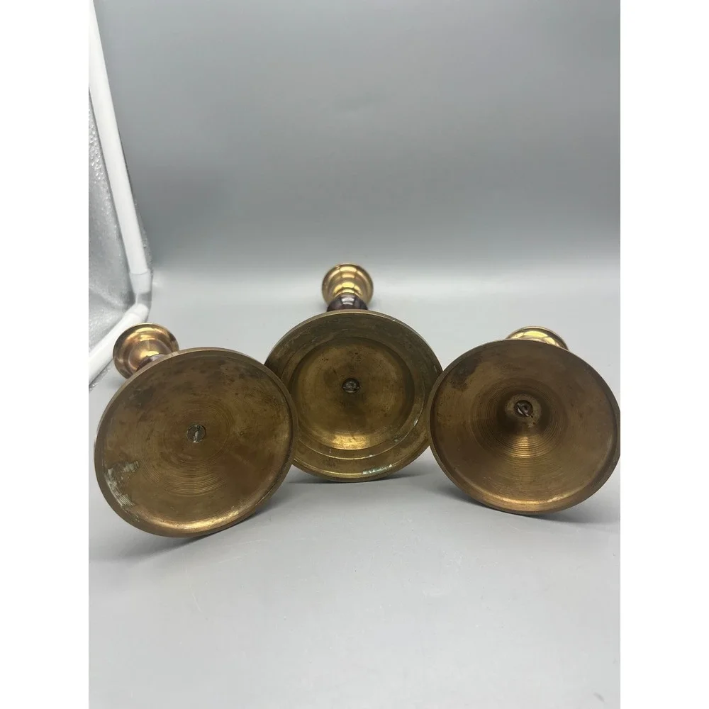 Vtg‎ Brass & Wood set 3 Candlestick holders dark wood Traditional Classic style